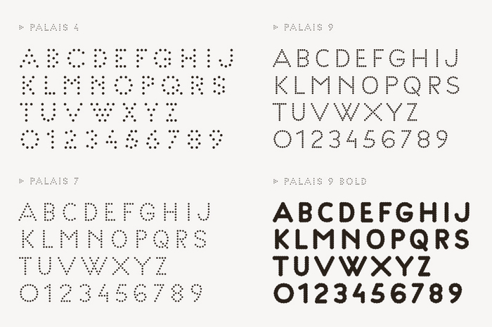 Palais typeface by Helmo for Palais de Tokyo in 4, 7, 9 and 9 Bold interrations.