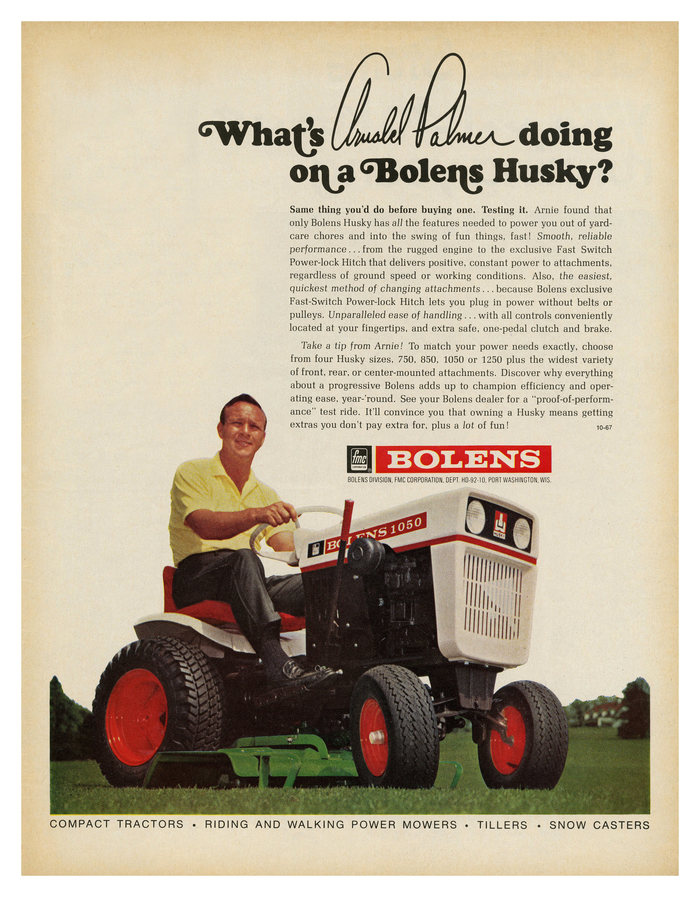 “What’s Arnold Palmer doing on a Bolens Husky?” ad, Bolens logo (1967) 1