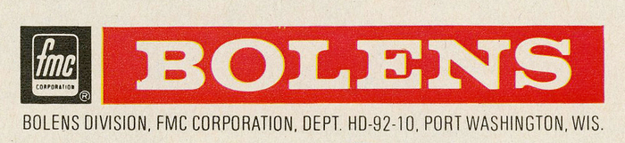 Detail. The Bolens logo uses caps from  fett, reversed in a red field. The address is in  47. Yes, Univers – the epitome of typographic sobriety – got the swash treatment, too.