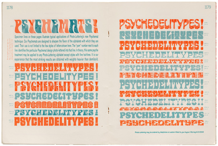 Spread from Photo-Lettering’s Psychedelitypes catalog with a demonstration of various “Psychemats”.