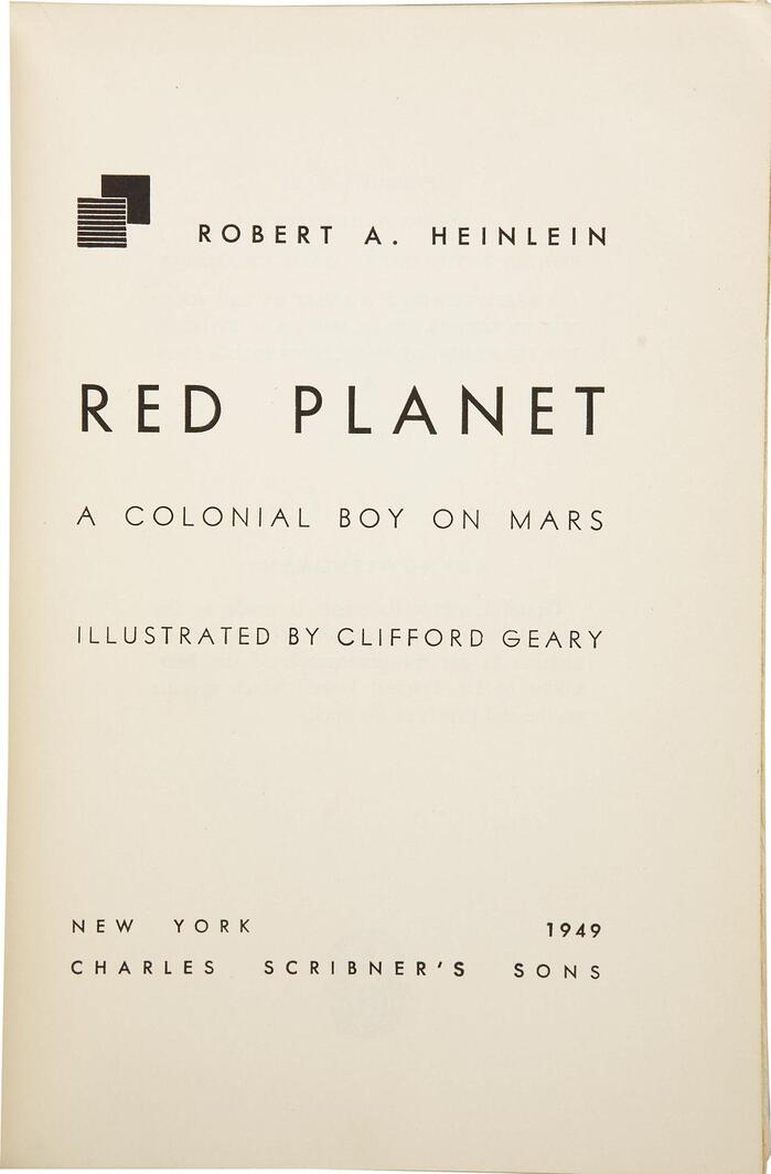 On the title page, Futura is complemented by another early geometric sans serif: The light style used for “A&nbsp;Colonial Boy From Mars” and the illustrator credit is from . This Futura follower was released by Intertype in 1930. Here it’s easily distinguishable by the long bar in G and the M with vertical stems. Intertype offered alternates that stay closer to Renner’s design, though.
