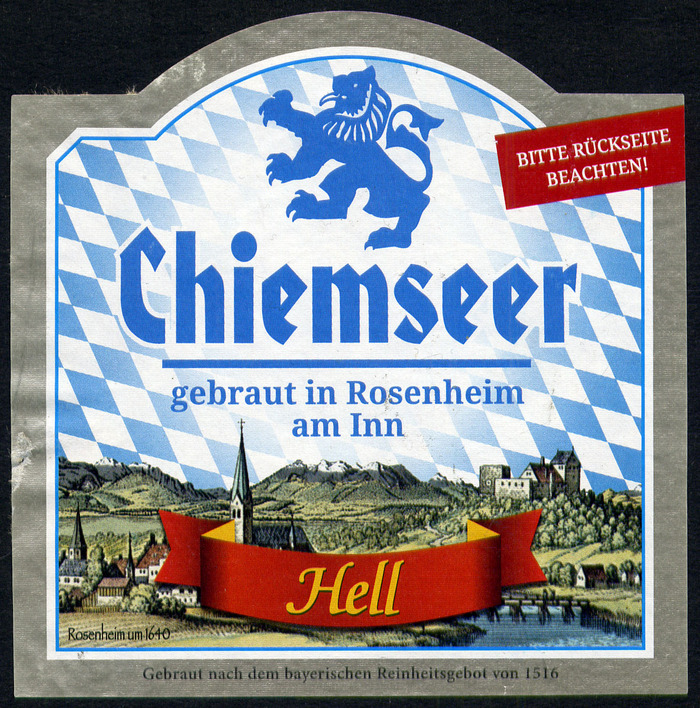 Since June 2016, the beer comes with new labels. The name Chiemseer remained, but is now accompanied by a new image, a prominent disclosure “Gebraut in Rosenheim am Inn” (in ), and a pointer to see the reverse, which shows a map indicating the location of Rosenheim (about 25&nbsp;km west of the lake).