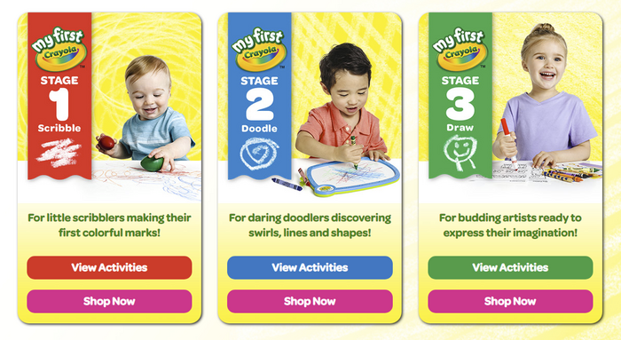 Numerals from Omnes Black are used to label the three stages of the My First Crayola series.