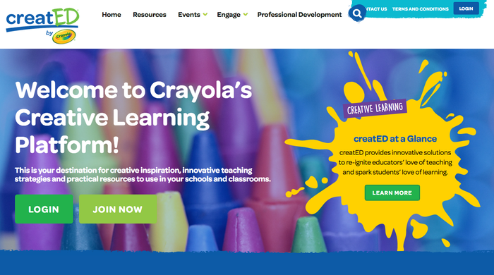 Homepage of creatED, Crayola’s creative learning platform.