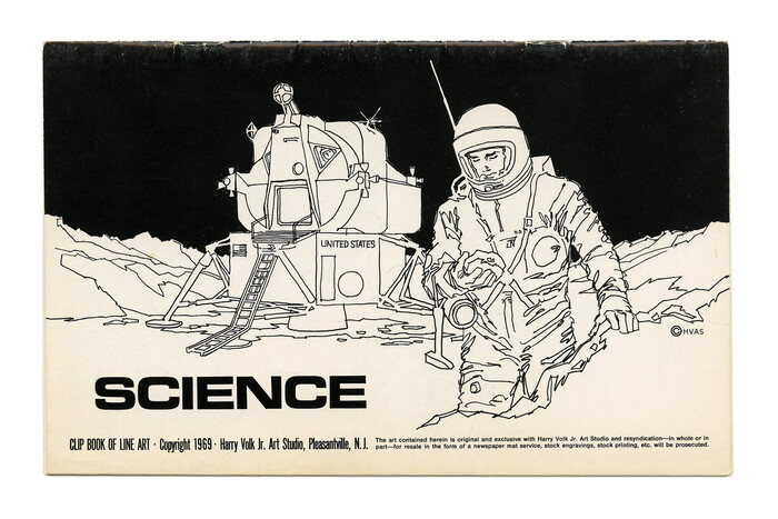 “Science” (No. 523) is at the opposite end of the spectrum. The depiction of an astronaut in front of the Apollo 11 Lunar Module Eagle is accompanied by the futuristic Eurostile Bold Extended, Aldo Novarese’s extension of , originally designed by Alessandro Butti  for Nebiolo in the 1950s. As in “Old Fashioned”, the bottom lines use Alternate Gothic Compressed and Helvetica.