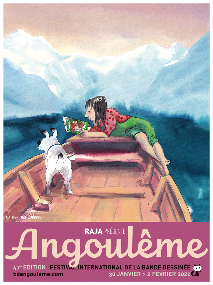 Catherine Meurisse on a boat, reading La Grande Traversée (Asterix and the Great Crossing) by René Goscinny and Albert Uderzo.