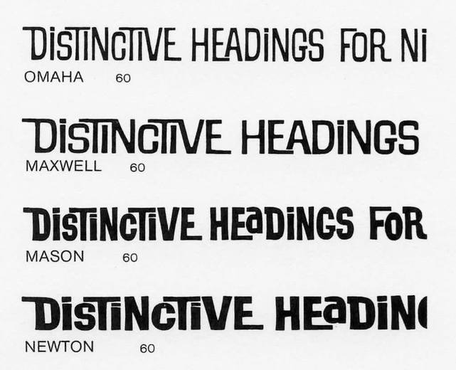 Detail from an undated Filmomaster specimen (ca. early 1970s), showing Filmotype’s range of interlocking styles. To date,  is the only one to be available in digital form.