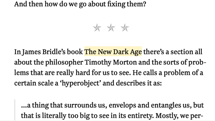 Even though the blog consists of a modest single text column, the typography is quite elaborate, showing highlighted text (used for hyperlinks), block quotes and the use of monospaced type for mentioning CSS / web development elements – simply specified as “monospaced” in the source code.