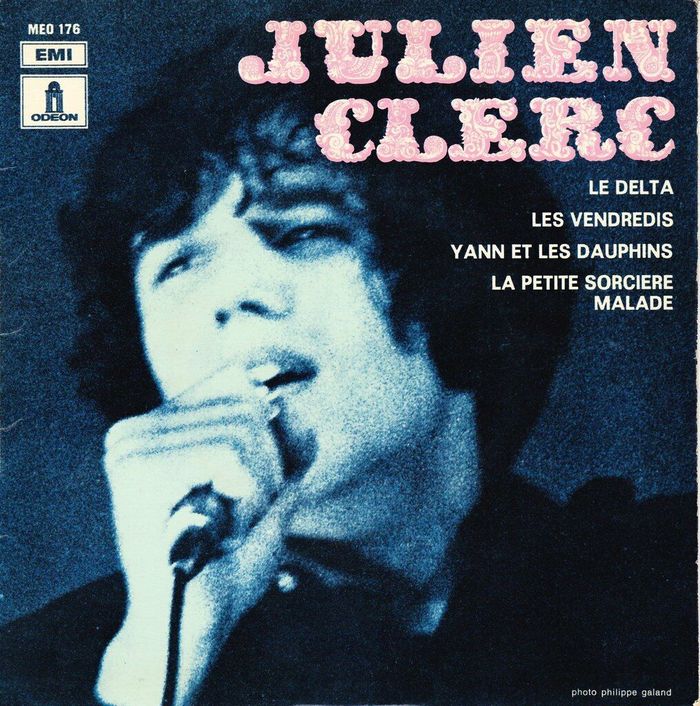 “Le Delta” / “Les Vendredis” / “Yann Et Les Dauphins” / “La Petite Sorcière Malade”, 7″ single, Odeon, 1969. Titles in right-aligned caps from a grotesque, possibly  (which is used on the back) or . Photography by Philippe Galand.