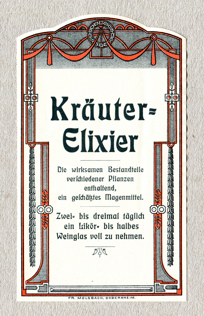 Kräuter-Elixier (“herbal elixir”). The center-aligned typography shows three sizes of Eckmann-Schrift (1900). The long s (ſ) appears only in the sch trigraph (“verschiedener”, “geschätztes”). Contrary to the traditional rules, it’s not used for “wirksamen” or “Bestandteile”.