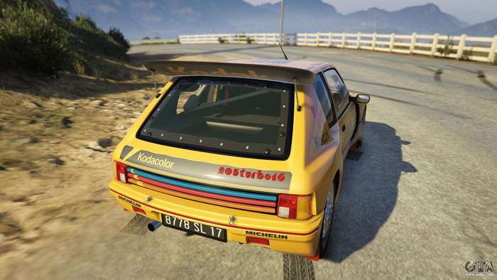 In 2016, the rally model of the Peugeot 205 Turbo 16 was made available for use in Grand Theft Auto 5 (the game). It is described as “perfect for racing, but can also serve for ordinary travel in the city or suburbs. Texture is well developed and the model looks very nice in the light of the sun.”