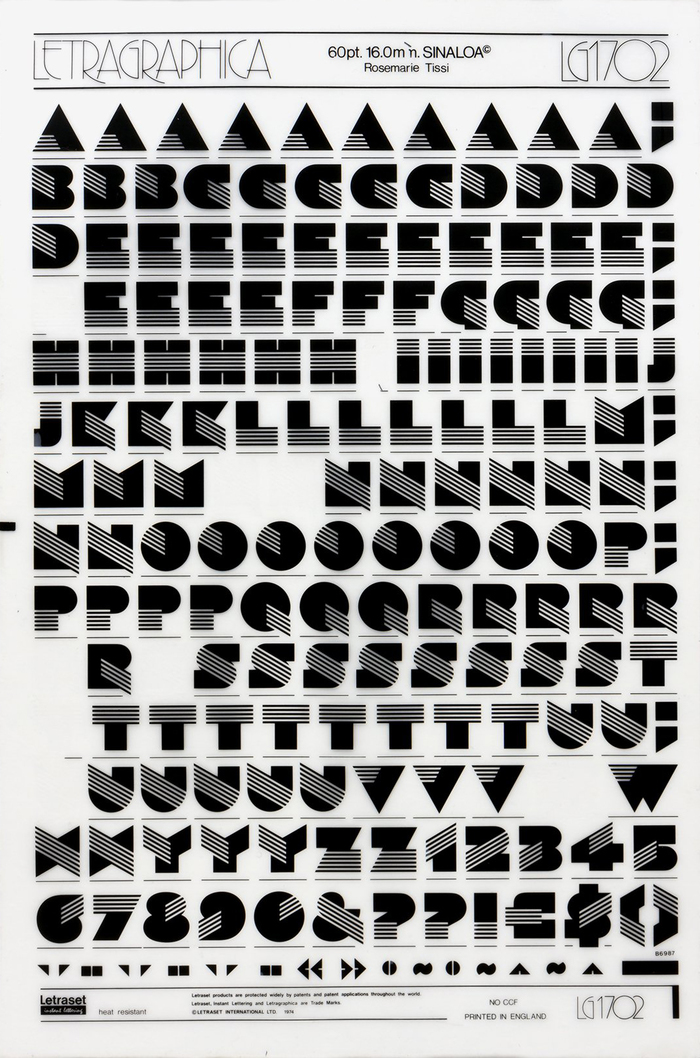 Sinaloa’s original glyph set on a sheet of rub-down letters from Letraset’s Letragraphica range (60pt, LG1702, 1974). The designer’s name, Rosmarie Tissi, is here misspelled with an extra e.