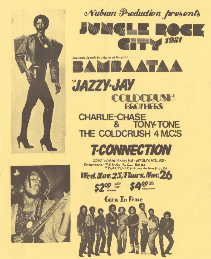 The flyer for “Jungle Rock City” uses no less than seven typefaces, plus lettering. From top to bottom: Commercial Script; Sinaloa; Futura Black; Balloon; Piccadilly, Rocco, Helvetica, all available as Letraset dry transfer letters. The big images show Aretha Franklin and Bob Marley, probably present in the “Soulsonic Sounds of Master of Records Bambaataa”. Afrika Bambaataa was an important figure in the local Hip-hop scene, and would accelerate the worldwide success of Hip-Hop a year later with his Planet Rock.