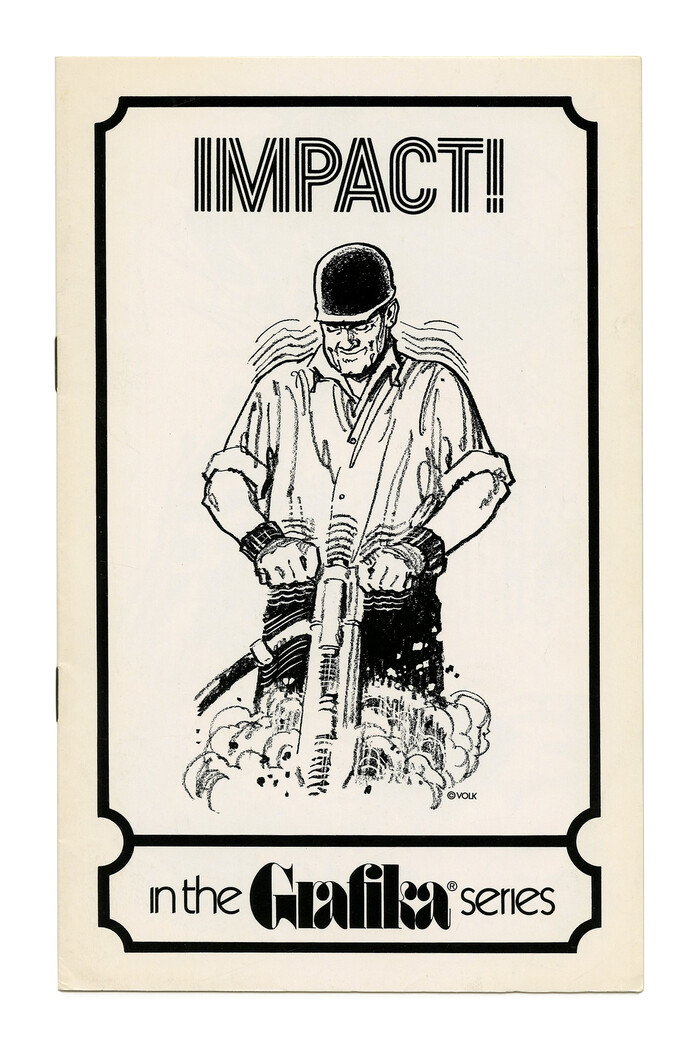 “Impact!” (No. G71), featuring a version of the triline face designed by Lance Wyman for the 1968 Mexico Olympics, see . This is probably Photo-Lettering’s adaptation that went under the name Olympic, or the Lettergraphics version known as Hotline. Note how the type echoes the vibration caused by the jackhammer.