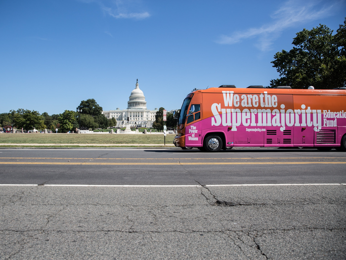 Supermajority Education Fund’s bus, on its cross-country tour