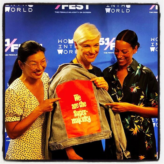 Supermajority leaders Ai-Jen Poo, Cecile Richards, and Katherine Grainger with a handmade jacket