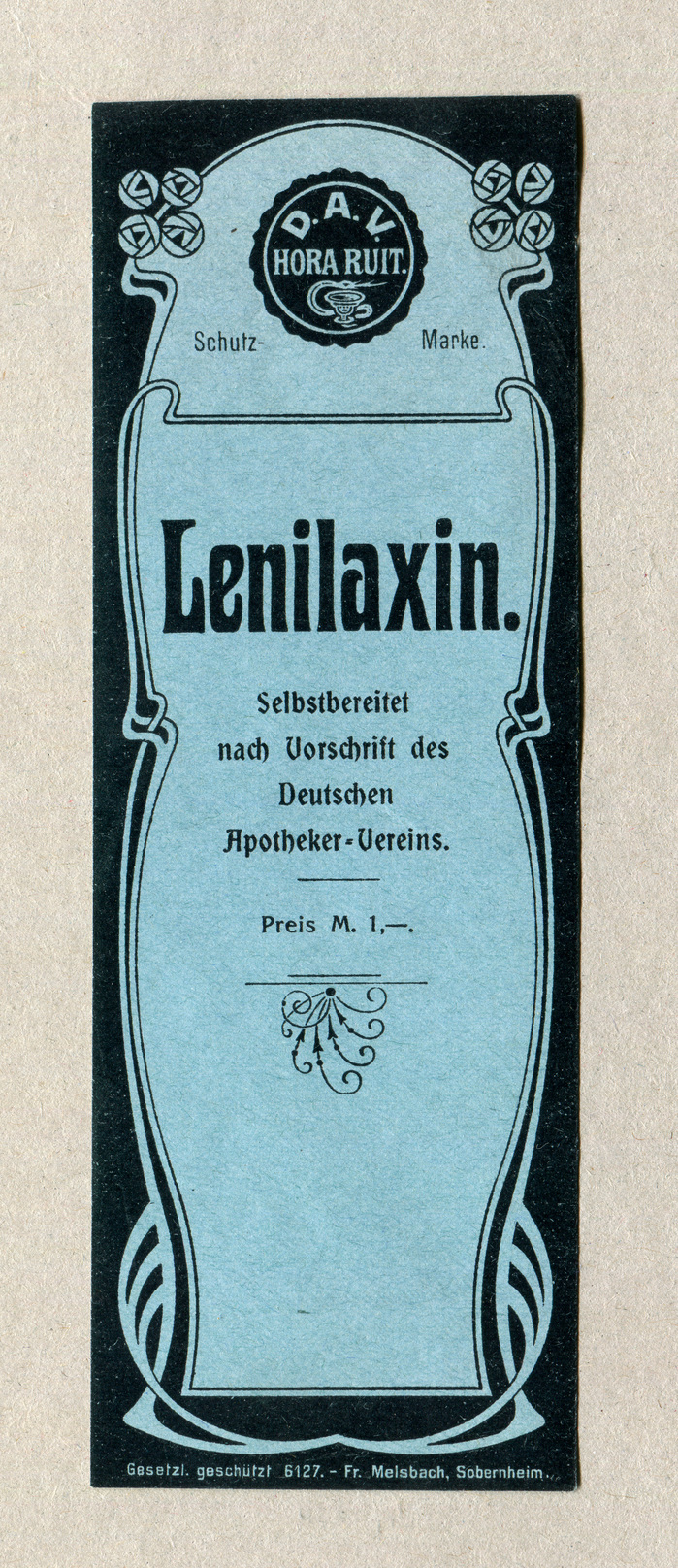 Lenilaxin uses a typeface that was sold by many foundries under various names, incl.  (Theinhardt), Phönix (Poppelbaum), and Medea (Flinsch; later continued by Bauer). The smaller text is in one of the light cuts added by German foundries to their  adaptations, see . The price is in  (1904).