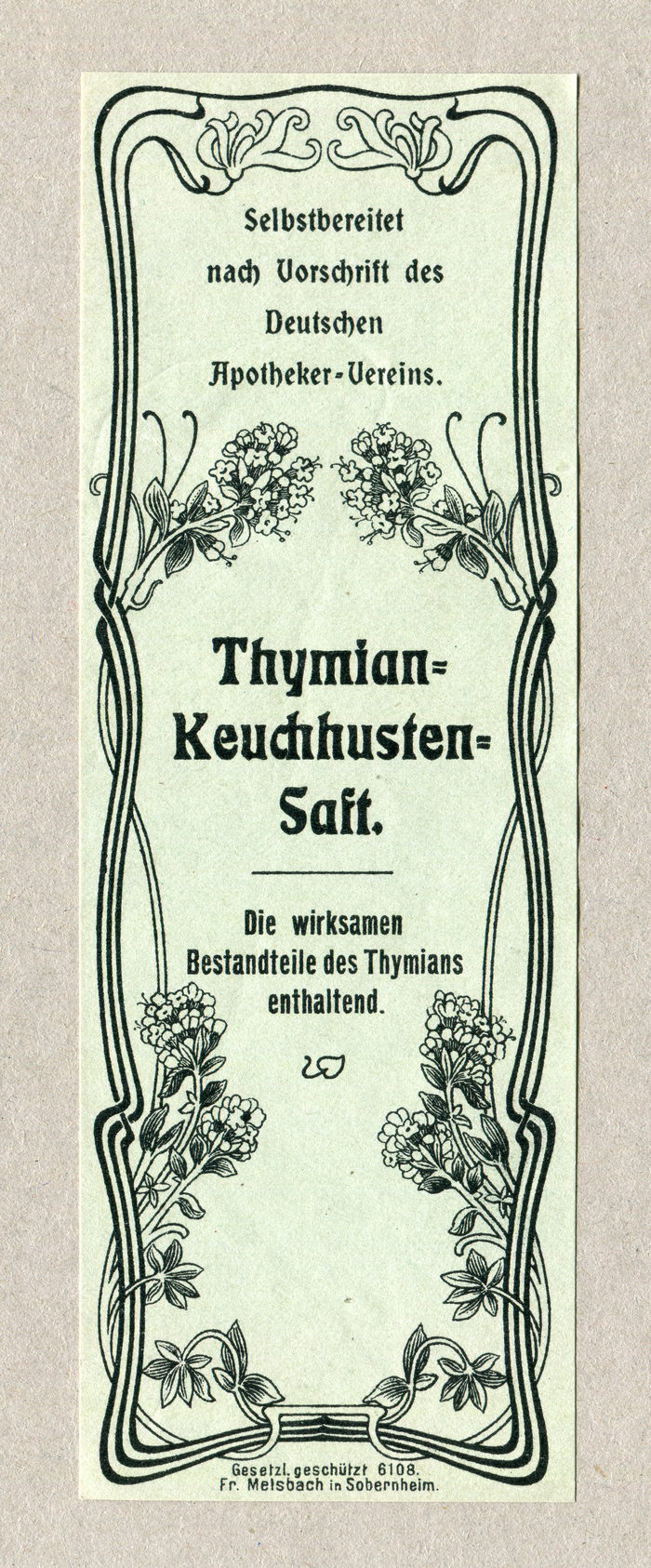 The label for Thymian-Keuchhusten-Saft (“Thyme syrup for whooping cough”) pairs  with  and a condensed grotesk.