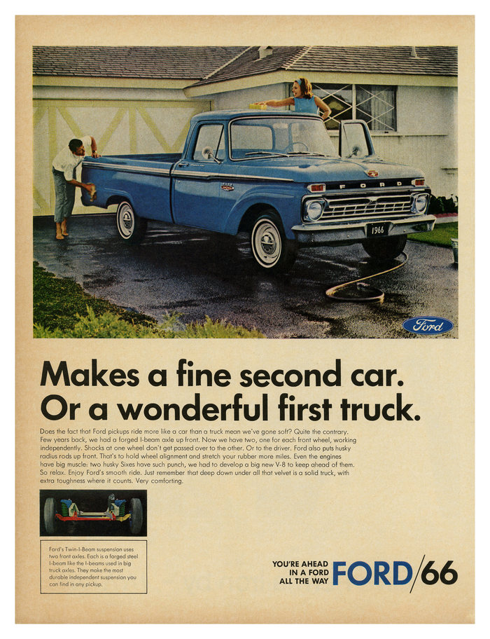 “Makes a fine second car” – ad for Ford pickups (1966) ft. two weights of .