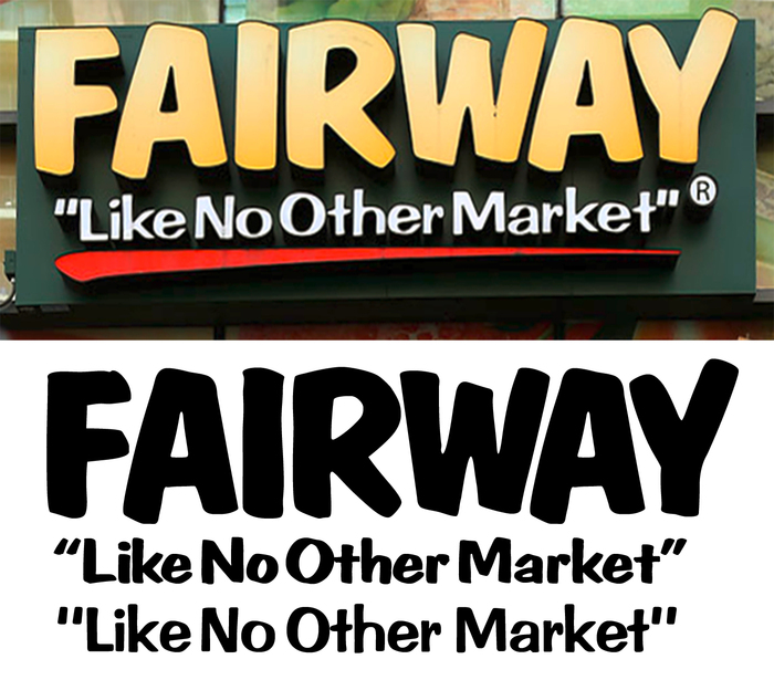 Top: The Fairway logo with slogan. Bottom: Recreation with stretched and respaced glyphs, featuring ①&nbsp;Dom Bold, ② Dom Casual, and ③ Impress (all by Bitstream).