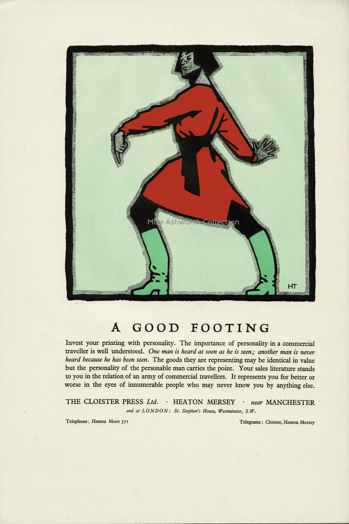 This is the back page of the sheet for Typographical Decoration &amp; Illustration and is beautifully printed on Abbey Mills Greenfield paper. The illustration is for “good footing” and is by “HT”, who I reckon is Horace Taylor, the well known artist and illustrator who undertook poster commissions for London Underground amongst many others.