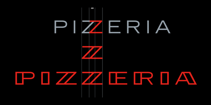 “‘Pizzeria’ is set in a custom typeface that uses American ingredients with an Italian flair. The discovery of a new stressed sans serif letterform came by overlapping two Zs of  Extended, a classic American Typeface. From there we extended it to an uppercase alphabet for Pizzeria Bebu's secondary typography.” — Thirst