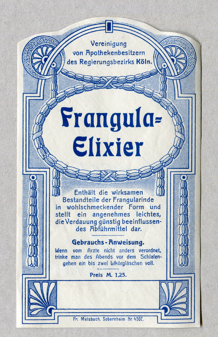 Frangula-Elixier ft. more  for the name. The text is set in two weights of Berthold’s . The price info uses .