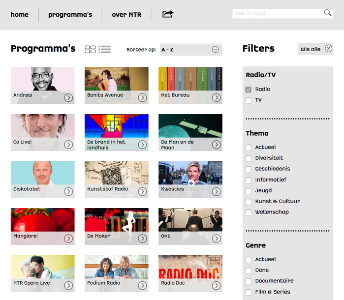 Website detail (program overview with filters)