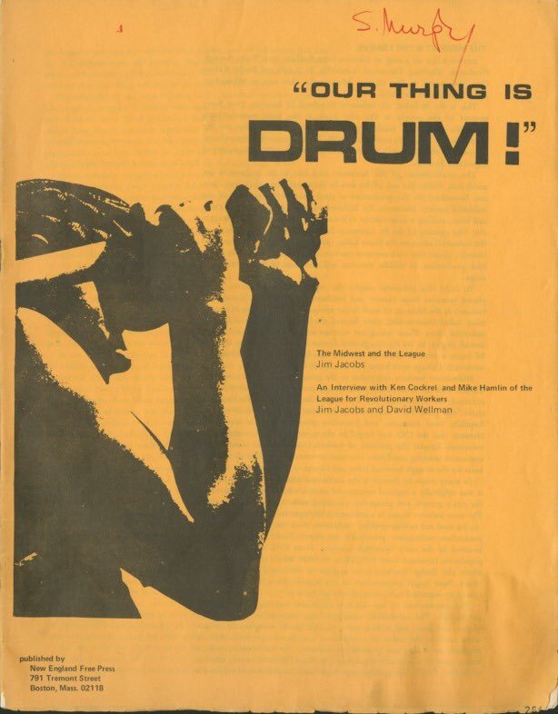 A booklet chronicling the origin and political philosophy of DRUM and the League of Revolutionary Black Workers, 1970. The title is set in  Bold Extended, the remaining text in Univers.