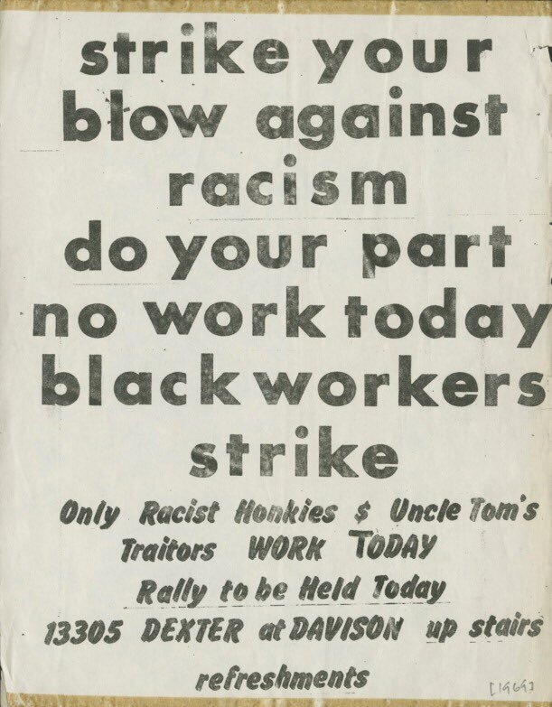 “Strike your blow against racism / do your part / no work today / black workers strike”.

A flyer for a wildcat strike rally in 1969. The text at the top is set in Futura Bold, the bottom in Flash Bold. The dollar sign ($) that was repurposed as ampersand (&amp;) as well as the DIY T in “TODAY” suggest that this was composed with press type.