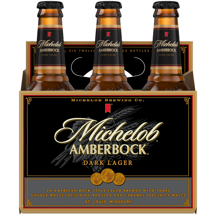 “Amberbock” is based on  Bold. The orange text is set in  and . “Michelob Brewing Co.” is unidentified.