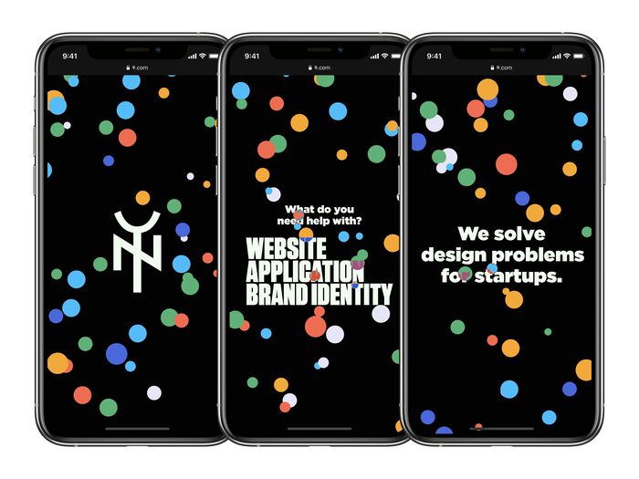 The homepage of Yes & No design studio, as seen on iPhone using dark theme.