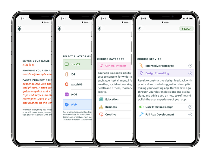 The app design and development order form from Yes &amp; No design studio website, as seen on iPhone.