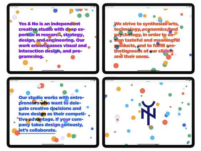 The homepage of Yes &amp; No design studio, as seen on iPad.