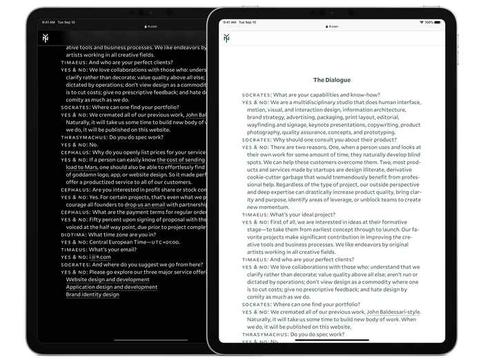 The Q&A in the form of a dialogue, at newly launched Yes & No Design Studio, as seen on iPad.