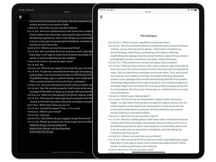 The Q&amp;A in the form of a dialogue, at newly launched Yes &amp; No Design Studio, as seen on iPad.