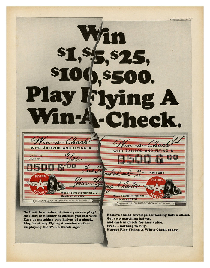 “Win $1, $5, $25, $100, $500. Play Flying A Win-A-Check.” ad (1966)