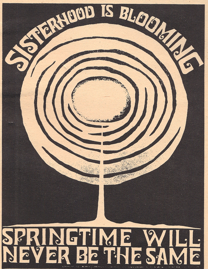 The design looking especially punk rock in a stark, high-contrast reproduction, as seen on the last page of the The New Woman&rsquo;s Survival Catalog, 1973. The design&rsquo;s ability to hold up in limited printing environments &ndash; without color or even shades of gray &ndash; increases its utility as a graphic for grassroots activism.