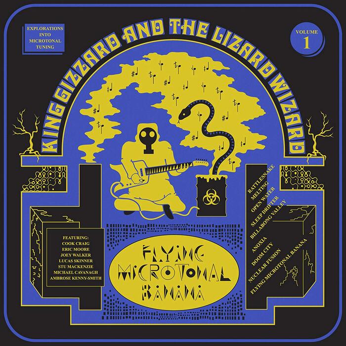 Flying Microtonal Banana (2017) album cover. Name of band set in  (with alternate A); unknown whether title of album is type or custom lettering. All other text set in  Bold.