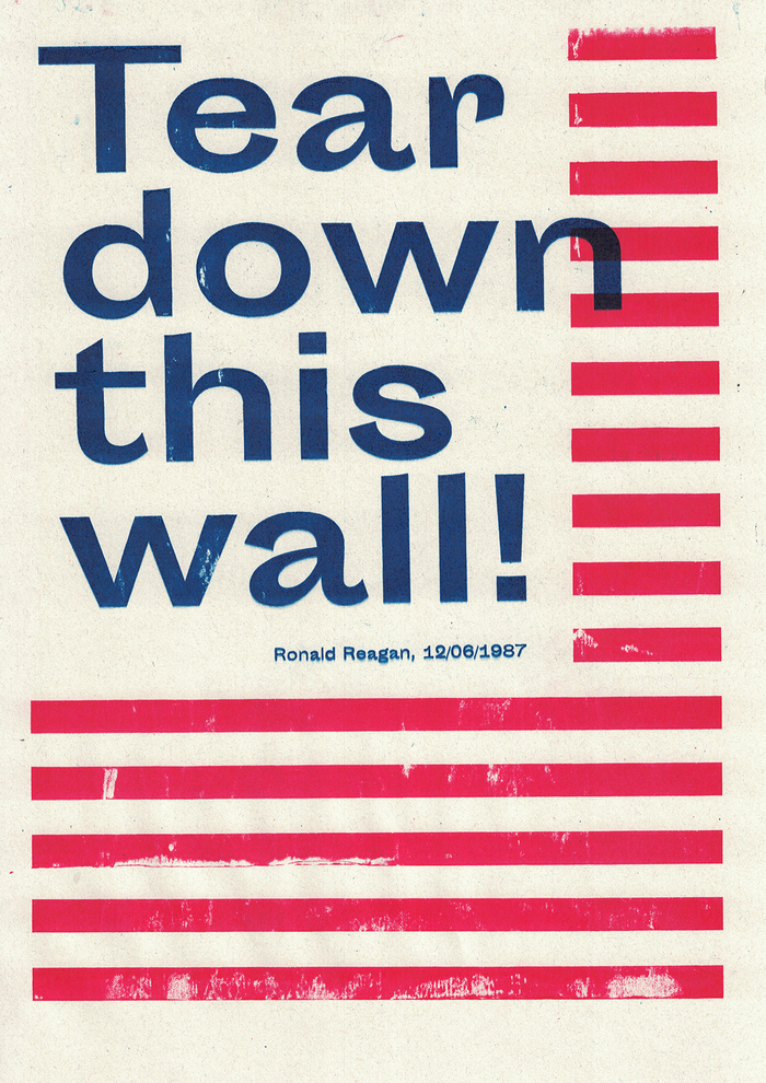 This pamphlet with an excerpt from Ronald Reagan's famous speech held in Berlin in 1987 is more actual than ever; a response to Trump&rsquo;s plan to build a wall between the USA and Mexico. The font on this is Sporting Grotesque.