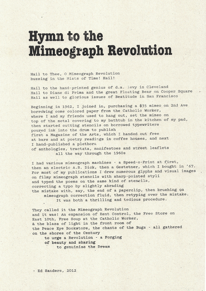 The “Hymn to the Mimeograph Revolution” from Ed Sanders, set in ITC American Typewriter Condensed Bold and Pitch.