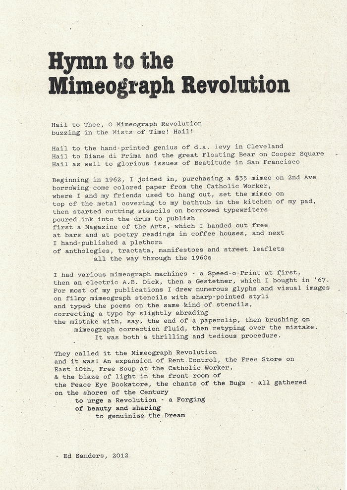 The &ldquo;Hymn to the Mimeograph Revolution&rdquo; from Ed Sanders, set in ITC American Typewriter Condensed Bold and Pitch.