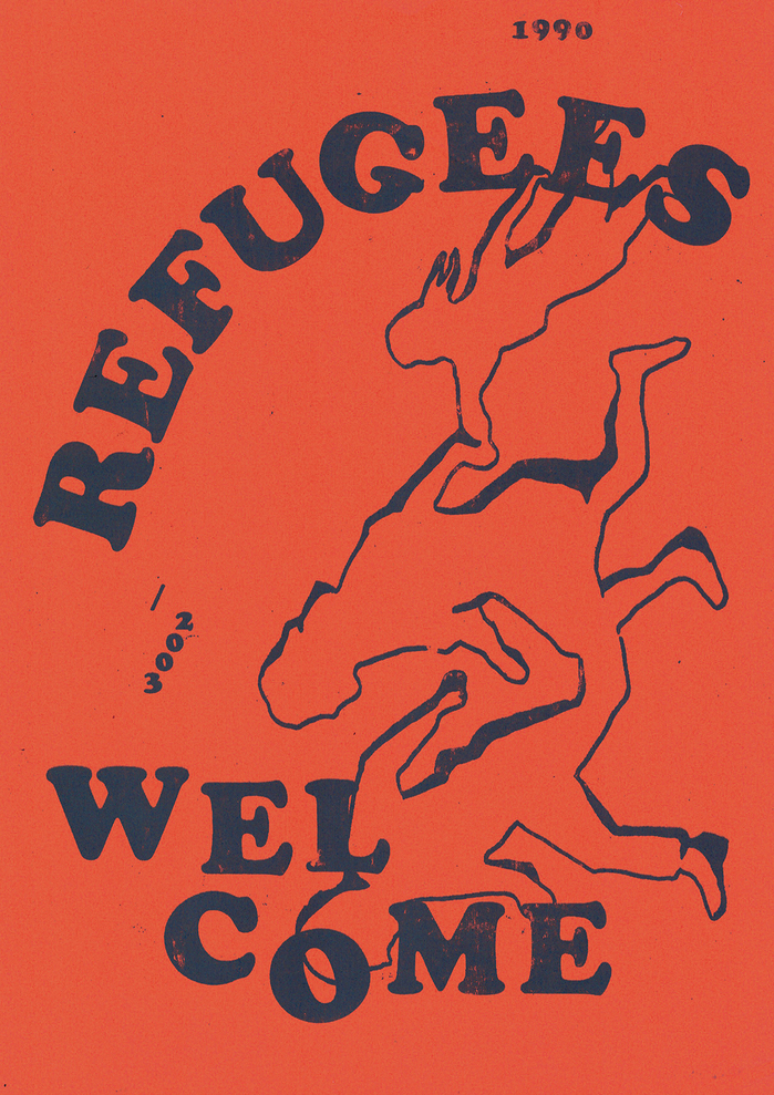 I always loved the Refugees Welcome illustration of the running family with its roots in 1990. But the font could use a makeover: How about Cooper Black? Maybe it is that simple.