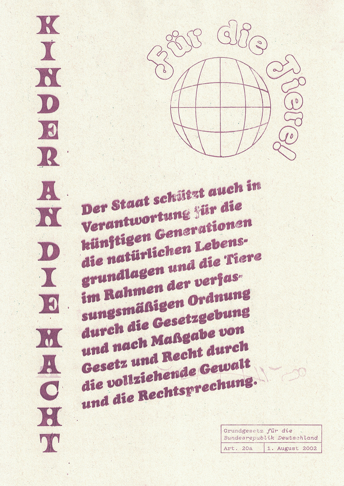 Grundgesetz f&uuml;r die Bundesrepublik Deutschland Art. 20a set in Ouroboros, Octopuss Outline, Cooper Black Italic and Pitch Regular.
