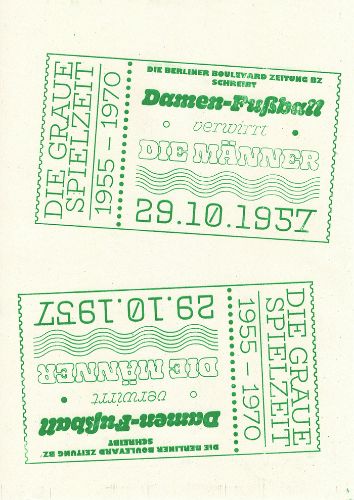 This pamphlet featuring BioRhyme Light, Gill Sans Ultrabold, Gooper in various styles, and Protocol is about the sexism in German football between 1955 and 1970.