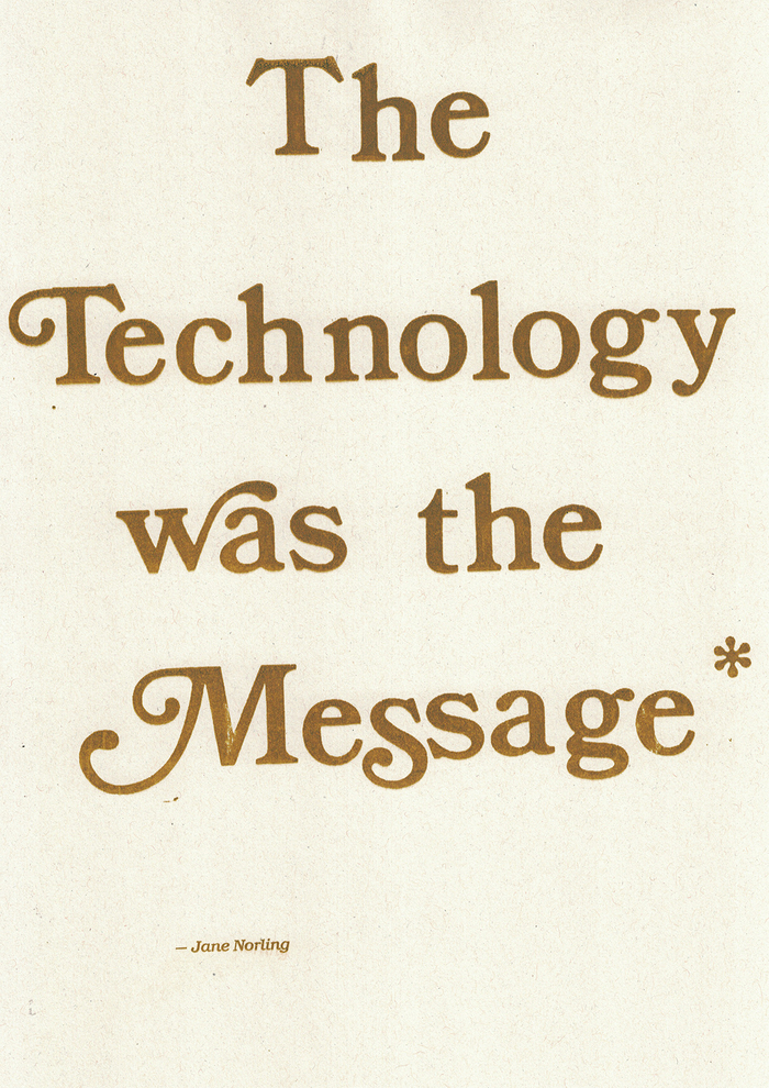 This is the 100th pamphlet of the series which draws the conclusion from the project. It is made with Letraset in Bookman. &ldquo;Jan Norling&rdquo; is added from  Italic [thanks, Jay].