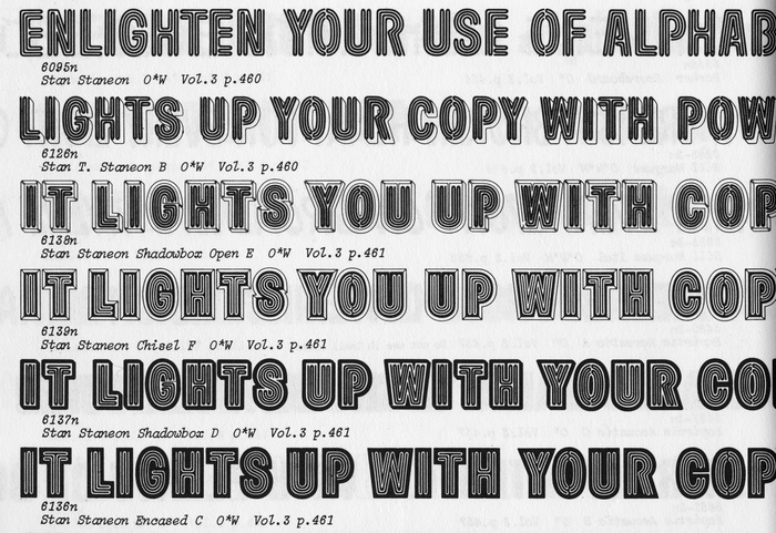 Style range of Stan Staneon, as shown in Photo-Lettering’s One Line Manual of Styles, 1971.