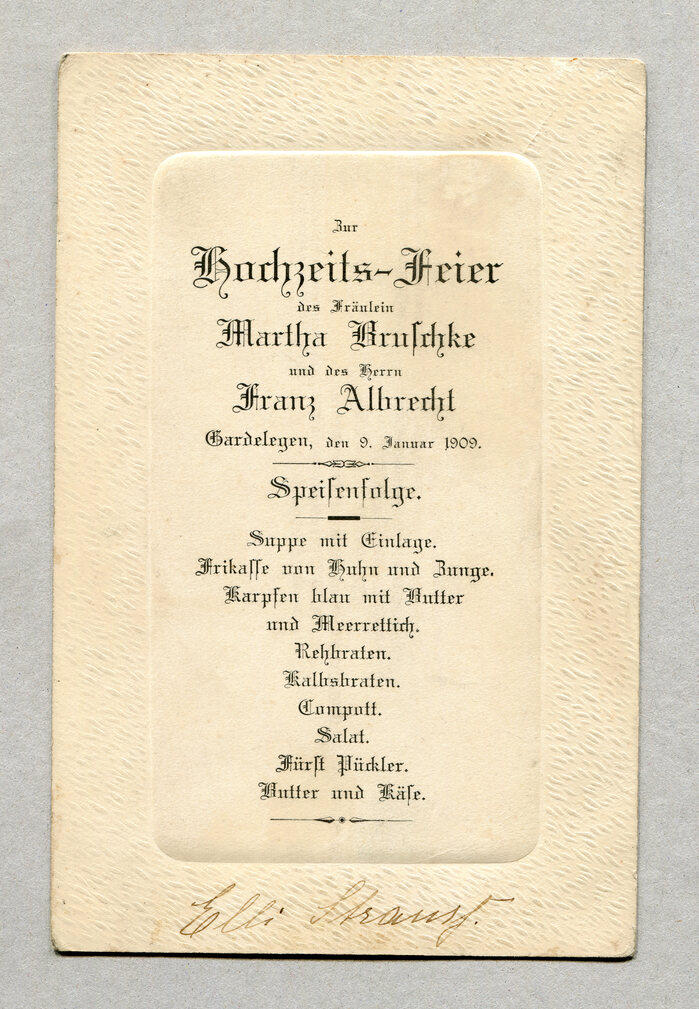 Menu for a wedding in Gardelegen, 1909 1