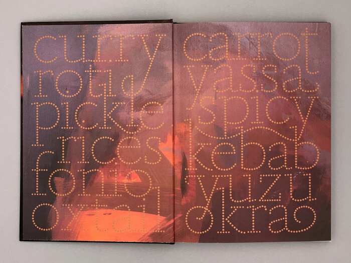 Endpapers with stacked and interlocked Tanja, featuring (terminal) swash forms, interlinear ligatures, and custom extensions.