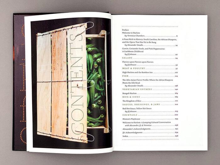 Table of contents. “Contents” was integrated into the image showing a crate of ladies’ fingers.